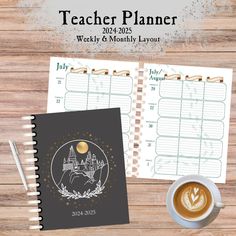 a desk with a cup of coffee next to it and a planner that says teacher planner