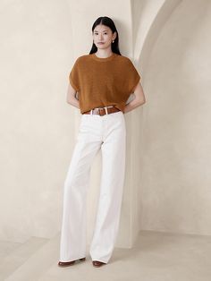 Julia Cotton Cropped Sweater Vest | Banana Republic Dressy Pants Outfits, Sweater Styling, Cropped Sweater Vest, Mother Outfit, Half Cardigan, Organic Cotton Yarn, Dressy Pants, Minimalist White, Spring Sweater