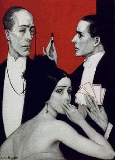 a painting of two men and a woman with cards in their hands, looking at each other