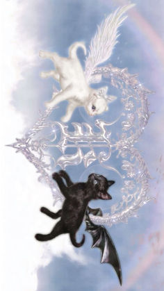 two cats are flying in the sky with an angel and demon on their back side