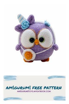 an owl stuffed animal with big eyes on it's head, and the words amigurmi free pattern below