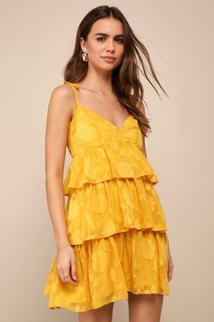 You'll be as sweet as any sunny day in the Lulus Darling Summer Yellow Burnout Floral Tie-Strap Mini Dress! Lightweight woven fabric, with a burnout floral design throughout, shapes this adorable dress that has tying spaghetti straps that support a bodice with seamed cups and a flattering V-neckline. Tiered skirt cascades to a cute mini hem. Hidden zipper/clasp at back and smocking for fit. Fit: This garment fits true to size. Length: Mid-thigh. Size medium measures 26.5" from adjustable straps Bachelorette Dress, Summer Yellow, Tier Skirt, Tiered Skirt, Dress Ideas, Floral Mini Dress, Sunny Day, Dress 100, Large Size Dresses