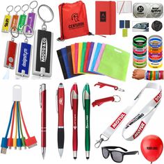 an assortment of promotional items including pens, scissors, markers and lanyards are arranged on a white background