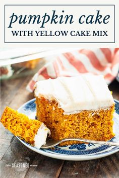 a slice of pumpkin cake with yellow cake mix on a blue and white plate next to a fork