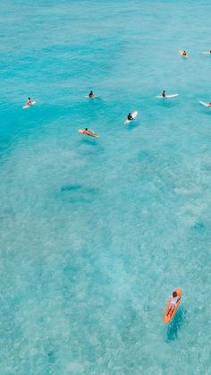 people are swimming in the ocean with surfboards