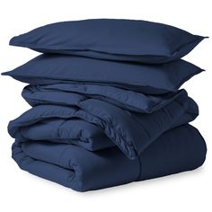 three blue pillows stacked on top of each other