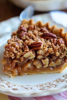 a slice of pecan pie on a plate