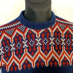 Norwegian vintage wool jumper in blue with red tones garment in good condition. Size Small or XS Type: Jumper Color: lNavy, red, Size: Small or XS. Check measures before buying Material: wool Flat measurements (centimeters) 52 cm shoulder 20.5 inch. 50 cm armpit to armpit. Pit to pit. 50cm. 67 cm from neck to end of sleeve 26.4 inch. 47 cm from armpit to end of sleeve(inside) 18.5 inch. 58 cm total length 22.8 inch. Returns are not accepted for not checking the measurements correctly. Thank you Fair Isle Pullover, Sweater Y2k, Norwegian Sweater, Icelandic Sweaters, Sweater Wool, Wool Jumper, Fair Isle Sweater, Vintage Wool, Wool Sweater