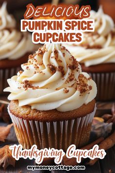 delicious pumpkin spice cupcakes with white frosting and cinnamon sprinkles