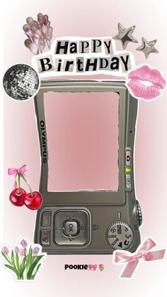 a happy birthday card with an old fashioned camera and pink flowers on the front, surrounded by stickers that say happy birthday