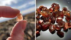 a hand holding up a piece of glass next to an image of rocks and sky