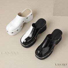 Lasaky - Studded Platform Sandals with Thick Soles: Exquisite Leather Slides for High-Fashion Outdoor Wear Summer Leather Clogs With Pointed Toe, Casual Leather Wedge Sandals With Pointed Toe, Black Mules With Metal Feet And Round Toe, Trendy Leather Platform Slippers With Round Toe, White Leather Slip-on Platform Slippers, Summer Pointed Toe Clogs With Removable Insole, Trendy Sandals With Metal Feet And Round Toe, Trendy Leather Clogs With Flat Heel, Trendy Flat Heel Platform Mules