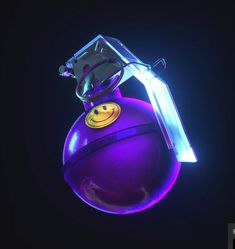 a purple ball with a smiley face on it and a pair of scissors hanging from the top