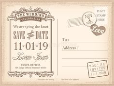 an old - fashioned save the date postcard with stamps