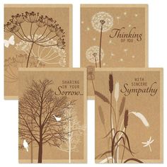 four greeting cards with dandelions and words on them, all in brown paper