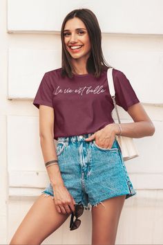 "La Vie Est Belle T-Shirt, Shirt for Women, Life is Beautiful Shirt, French Tee, Positive clothing, Inspirational apparel, Gift for Friend \"La vie est belle,\" a French expression meaning \"life is beautiful,\" is about choosing happiness. This is the perfect shirt for positive and inspiring people. It's cute, comfy and trendy.  This ultra-soft graphic t-shirt is made with a comfortable cotton-poly blend that's breathable, shrink resistant, and lasts longer than your average graphic shirt. 🔅 R Vegan Shirt, Camping Outfits, Negroni, Limassol, Party Shirts, Haiti, Ladies Day, Modern Fit, Perfect Outfit