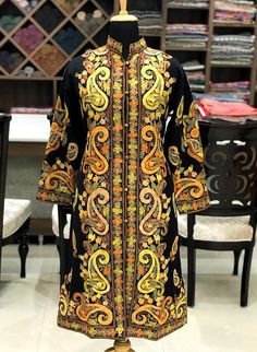 Jacket, Long Jacket, Embroidered Jacket for Woman, Kashmiri Jacket, Black Kashmir Jacket, Embroidery Trouser Dress, Boho Coat, Embroidered Coat, Aari Embroidery, Black Embroidery, Coat For Women, Coat Winter, Shalwar Kameez, Embroidered Clothes