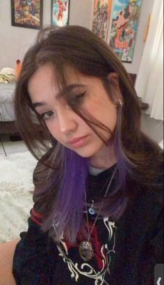 Violet Hair Underneath, Two Strands Of Hair Dyed Underneath, Brown Hair With Colorful Underneath, Purple Hidden Hair Color, 2 Purple Streaks In Hair, Purple Under Layer Hair, Underneath Dyed Hair For Brunettes Purple, Undercolor Hair Purple