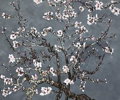 a painting of a tree with white and pink flowers on it's branches, against a gray background