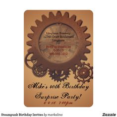 a birthday party card with an image of a clock and gears on it's side