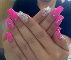 Neon Pink Birthday Nails, Hot Pink Fancy Nails, Hot Pink Nails With Design Glitter, Summer Bling Nails, Hot Pink Nails With Jewels, Bright Pink Nails With Rhinestones, Neon Pink Nails With Glitter, Hot Pink Nails With Rhinestones, Hot Pink Vegas Nails