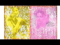 an abstract painting with pink and yellow colors on the left side, and a drawing of a woman's face on the right side