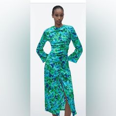 Nwt Stunning Aqua/Green/Blue Midi Dress. Bell Sleeves, Front Split On One Side With Rouching. 100% Poly Fabric. No Pet, No Smoking Home, Fast Shipping. Blue Floral Print Sheath Midi Dress, Zara Ruched Long Sleeve Midi Dress, Zara Long Sleeve Ruched Midi Dress, Zara Blue Ruched Dress, Green Sheath Midi Dress For Spring, Blue Sheath Midi Dress For Spring, Aqua Green, Blue Midi Dress, Zara Dresses