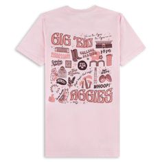 Rep your Aggie pride like never before with this stylish Texas A&M Gig 'Em Aggies Collage T-Shirt! The light pink fabric and "Gig 'Em Aggies" featured on the front in a darker pink will have everyone admiring your spirit. The back features a stunning collage of all your favorite Texas A&M symbols, showing off your passionate Aggieland pride. - Brand: Bella+Canvas - 100% Cotton - Machine Wash Warm/Tumble Dry Low Casual Pink T-shirt For Fan Merchandise, Trendy Pink Top With Sublimation Print, Pink Graphic Tee T-shirt, Pink Sublimation Print T-shirt For Fan Merchandise, Pink T-shirt With Sublimation Print For Fans, Pink Cotton T-shirt With Graphic Print, Pink Cotton T-shirt With Screen Print, Pink Printed Graphic Tee, Pink Cotton T-shirt With Funny Print