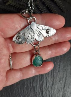 Sheet Metal Jewelry Ideas, Silver Clay Ideas, Silversmithing Jewelry Ideas, Silver Clay Jewelry Ideas, Silversmith Pendant, Silver Clay Jewelry, Magnifying Glass Necklace, Moth Necklace, Jellyfish Pendant