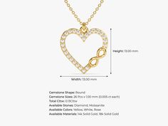 Celebrate eternal love and infinite connection with our Infinity Heart Necklace in lustrous 14k Solid Gold. Meticulously crafted, this enchanting piece features a delicate gold chain, a heart pendant, and an infinity symbol gracefully intertwined on the side, symbolizing everlasting affection. FEATURES • Made to Order • Height: 13.00 mm • Width: 13.00 mm • Gold Kt: 14k Solid Gold, 18k Solid Gold • Available Gemstones: Diamond • Gemstone Cut: Round • Diamond Color - Clarity: G Color - SI1 Clarity Infinity Yellow Gold Jewelry As A Gift For Her, Anniversary Infinity Necklace With Delicate Chain, Elegant Open Heart Jewelry With Adjustable Chain, Elegant Gold Heart Necklace For Anniversary, Elegant Personalized Heart Necklace, Gold Infinity Jewelry Gift For Her, Elegant Heart Necklace With Delicate Chain For Anniversary, Elegant Yellow Gold Heart Necklace For Her, Gold Infinity Necklace For Anniversary Gift