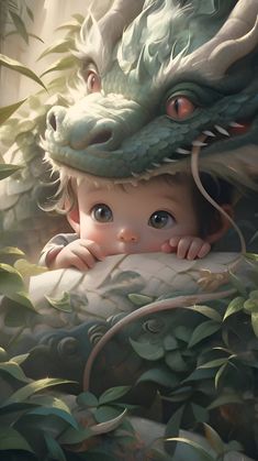 a painting of a child with a dragon head on it's head, peeking out from behind some bushes