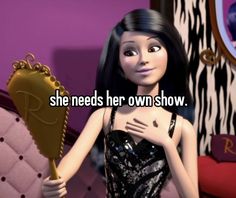 a cartoon girl with long black hair holding a gold object in her hand and the caption she needs her own show