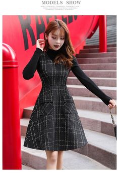 Wool Winter Dress Black Winter Dress Wool Plaid Dress With Etsy Black Winter Dresses, Winter Dress Black, Black Winter Dress, Black Dress Winter, Dress Black Women, Winter Pins, Wool Winter, Winter Dress, Wool Dress