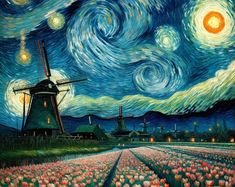 a painting of a windmill in the middle of a field with tulips