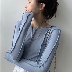 Beautiful Ribbed Shirt Comfortable And Pretty Polyester Viscose Gucci Blue Long Sleeve Sweater, Trendy Light Blue Tops For Layering, Blue Long Sleeve Ribbed Top, Blue Ribbed Long Sleeve Top, Blue Top Outfit, Blouse Korea, Blue Shirts, Spring Blouses, Fall Blouse