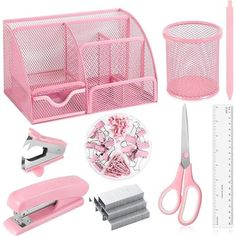 pink office supplies including scissors, pencils and paper clips are arranged on a white background