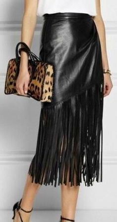 Pinterest Wrap Leather Skirt, Skirt Leather Outfit, Leather Fringe Skirt, Gothic Skirt, Western Skirts, Mid Calf Skirt, Fringe Fashion, Gothic Rock, Black Wrap