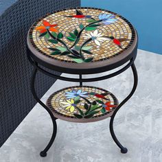 Caramel Hummingbird Mosaic Side Table - Tiered-Iron Accents Hummingbird Mosaic, Mosaic Side Table, Grout Sealer, Mosaic Coffee Table, Mosaic Furniture, Mosaic Tables, Mosaic Table Top, Mosaic Garden Art, Mosaic Art Projects