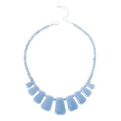 Jay King Cashmere Blue Anhydrite Sterling Silver 18" Necklace This handcrafted necklace features the pretty, pastel blue colors of natural Peruvian anhydrite. Its contemporary silhouette is the perfect way to highlight the blue in your eyes or a favorite outfit. From Jay King.       Approx. 18"L x 1-3/8"W with 2-3/4" extender     Stamped .925      Hook closure     Necklace has 9-station drape comprised of freeform, geometric-shaped blue anhydrite     Round blue anhydrite beads complete necklace   Stone Information       All sizes and weights approximate     Stabilized Cashmere Blue Anhydrite - Freeform (12x19mm to 22.5-35mm), round (5-7mm); mined in Peru Adjustable Light Blue Necklaces With Natural Stones, Pastel Blue Color, Necklace Stone, Handcrafted Necklace, Pretty Pastel, Pastel Blue, The Pretty, Stone Necklace, Geometric Shapes