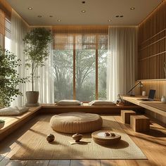 a living room filled with lots of wooden furniture and plants in the window sill