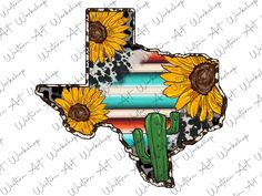 the texas state with sunflowers and cactus on it is shown in this image