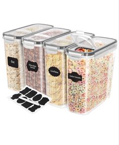 three storage containers with labels on them and some food in the bottom one is filled with cereal