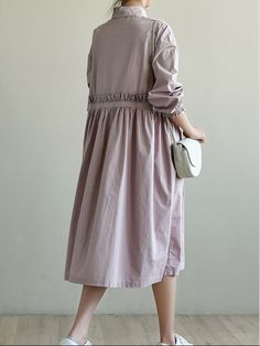 Autumn Loose Casual  Long Sleeve Women Dresses Daywear Linen Dress With 3/4 Sleeves, Dress Katun, Linen Purple Dress, Casual Purple A-line Midi Dress, Purple Cotton Relaxed Fit Dress, Purple Cotton A-line Dress, Sleeve Women, Women Long Sleeve Dress, Muslim Fashion Outfits