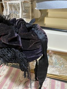 "Silk velvet hat in stunning black/ with red roses and black beadwork and black feathers plus silk net. about 8 1/2\" or so measuring inside from side to side x 7\". silk lined with wire inside to shape it. strong and wearable." Black Victorian Hat For Evening, Black Victorian Evening Hat, Hat Silk, Velvet Hat, I Adore You, Costume Hats, Black Feathers, Vintage Velvet, Ribbon Trim