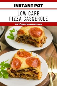 two white plates topped with pizza casserole on top of a wooden cutting board