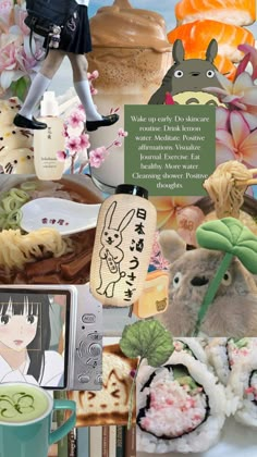 there is a collage of food and pictures on this page, including sushi