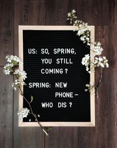 a sign that says us so, spring, you still coming? new phone - who dis?