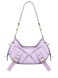 Lilac leather Y2K shoulder bag with gold-tone metal details, zip closure, adjustable shoulder strap, front strap pocket detail, height 15, width 25, length 12Composition: Leather, 100% | Biasia Women's Lilac Leather Y2k Shoulder Bag in Lilla | SS23 Y2k Shoulder Bag, Italian Fashion Brands, Modern Bag, Eco Friendly Fabric, Luxury Retail, Pocket Detail, Italian Fashion, Gold Tone Metal, Luxury Handbags