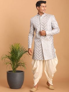 Buy VASTRAMAY Embroidered With Mirror Indo Western Slim Fit  Sherwani Set -  - Apparel for Men from VASTRAMAY at Rs. 4699 Indo Western Outfits Wedding, Sherwani With Dhoti, Indo Western Outfits For Men, Intricate Mirror, Indo Western For Men, Embroidery Mirror Work, Indo Western Sherwani, Embroidery Mirror, Western Outfits Men