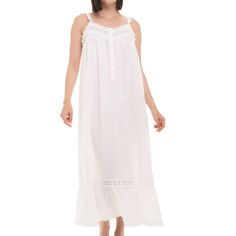 This soft 100 percent cotton poplin nightgown for women from Alexander Del Rossa is comfortable, durable, and classy. Made from a premium 100% cotton fabric, this women's vintage looking nightgown is breathable and easy on the skin. Designed with you in mind, this victorian nightgown is perfect for lounging around the house - even when guests are present. Narrow cotton lace trimmed shoulder straps. Gathered front with long narrow placket with 8 pearl shell buttons. Back is also gathered flowing into a slight A-line. Gown features wide ruffles; hem trimmed with cotton lace. Vintage elegance. Elegant Cotton Nightgown For Bedtime, Cotton Summer Nightgown, Elegant Night Cotton Dresses, Elegant Cotton Dress For Night, Cotton Nightgown With Lace Trim For Bedtime, Elegant Cotton Sleepwear For Night, Cotton Nightgown With Lace Trim For Sleep, Elegant Cotton Nightgown For Sleepover, Cotton Chemise For Bedtime